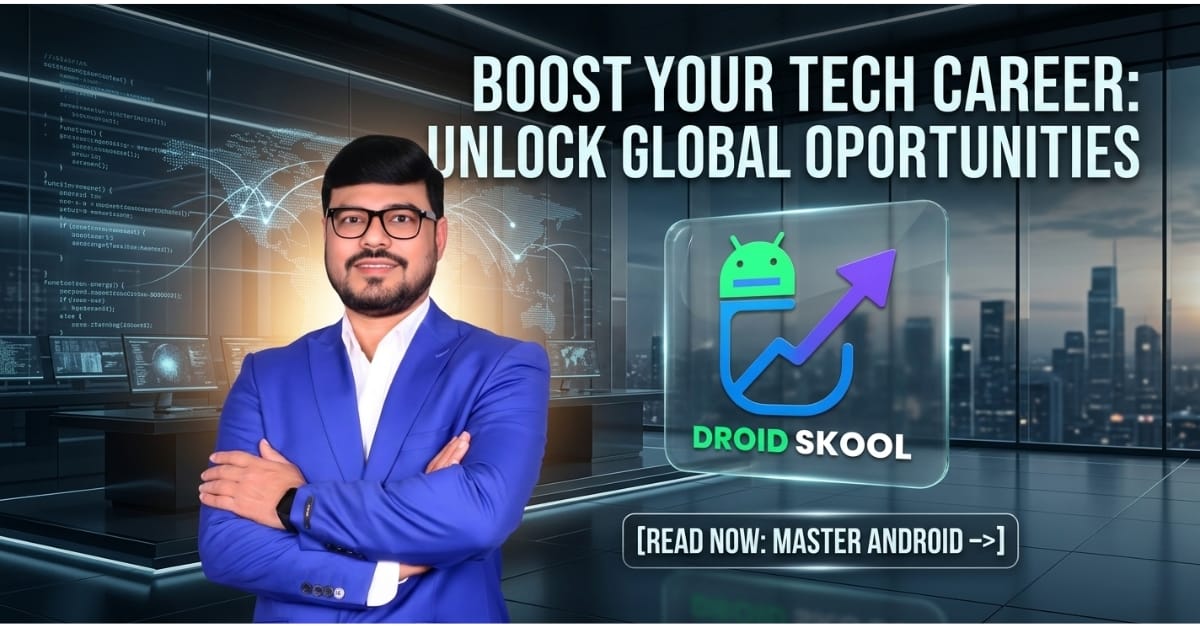 Beginner vs Senior Android Developer comparison showing career growth roadmap, Android architecture skills, problem-solving mindset, and professional development journey by Nikhil Rai at Droid Skool
