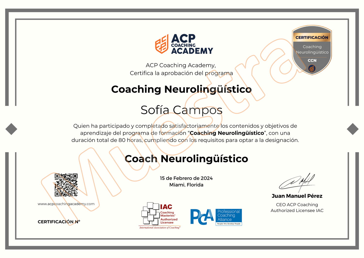 Certificación en Coaching Neurolingüístico emitida por ACP Coaching Academy