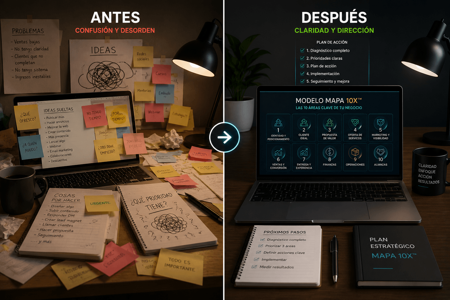 Comparación visual entre confusión y organización en un negocio