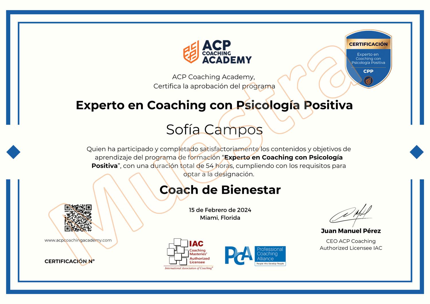 Certificado profesional Coach de Bienestar emitido por ACP Coaching Academy