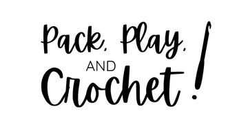 logo with text that read pack, play, and crochet with a crochet hook as an exclamation mark