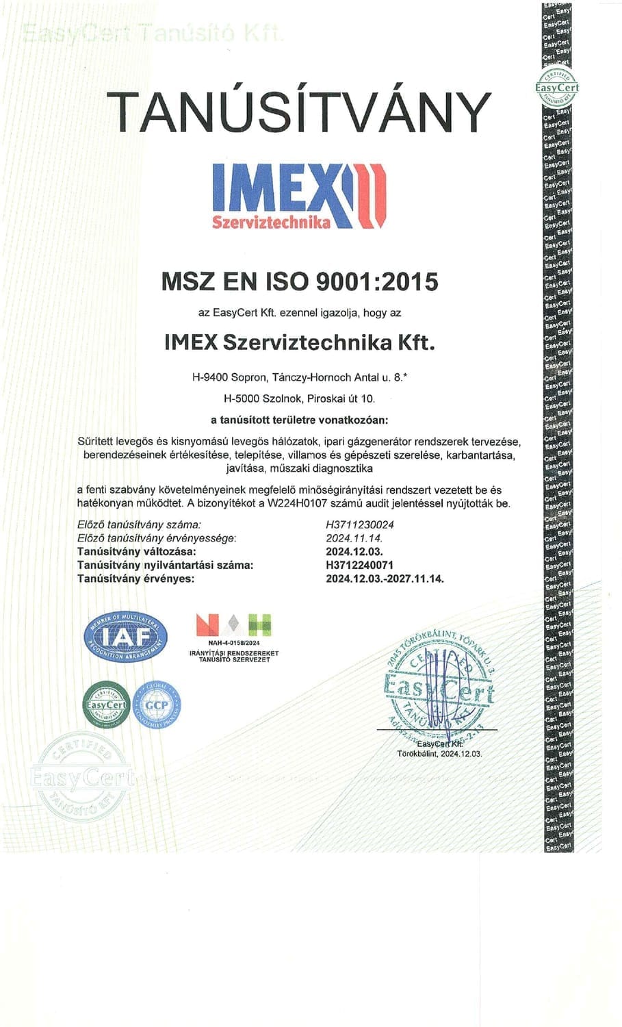 ISO 9001 tanúsítvány