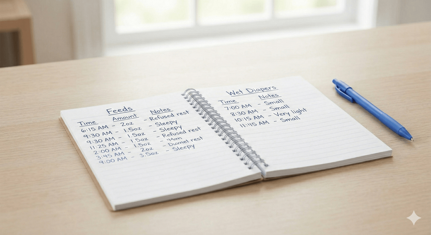 Notebook log of baby feeds and wet diapers used for pediatric assessment.