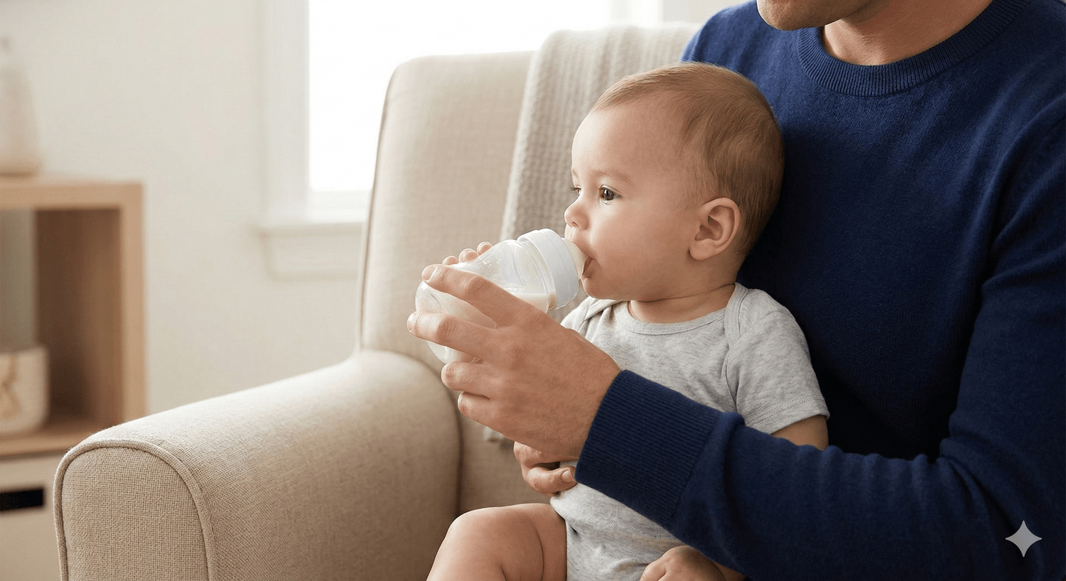 Parent offering a bottle to an infant who is refusing to feed.