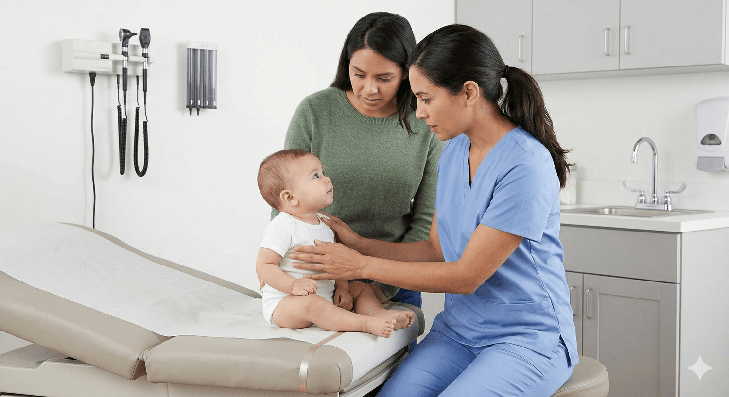 Pediatrician assessing an infant during a clinic visit for poor feeding and dehydration concerns.