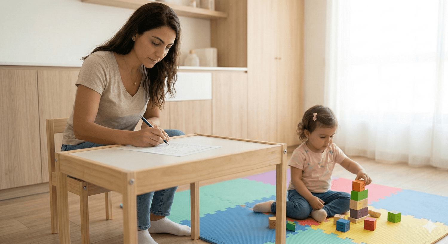 Parent completing a developmental screening questionnaire for a toddler during a pediatric clinic visit