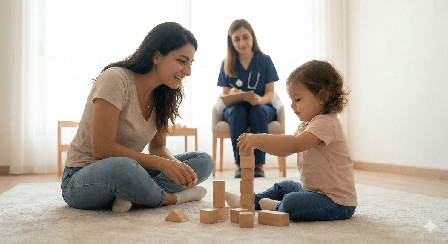 Toddler playing and interacting with a parent during a developmental milestone check