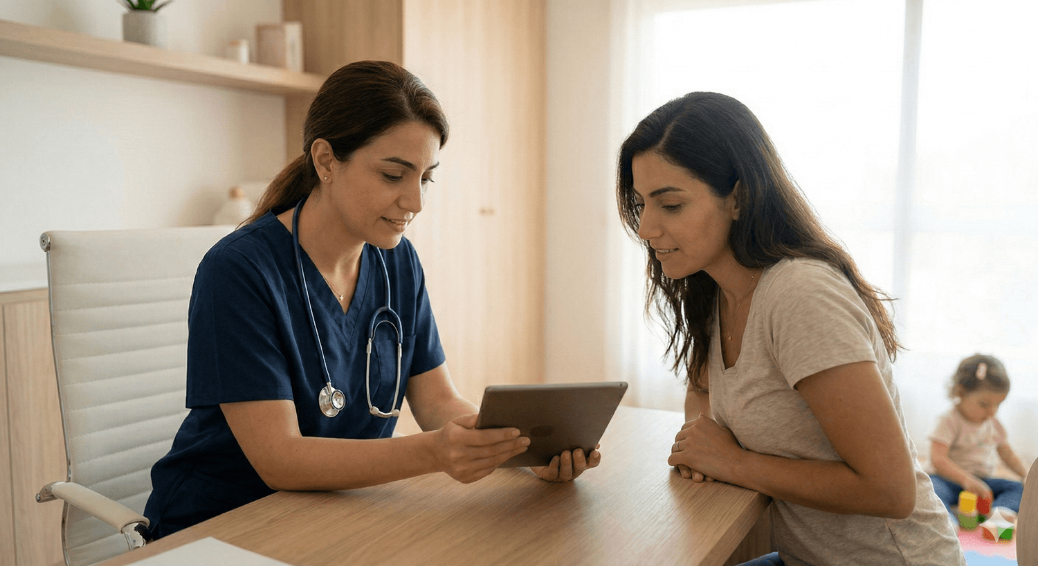 Pediatrician reviewing a developmental screening checklist during a well-child visit in Lebanon