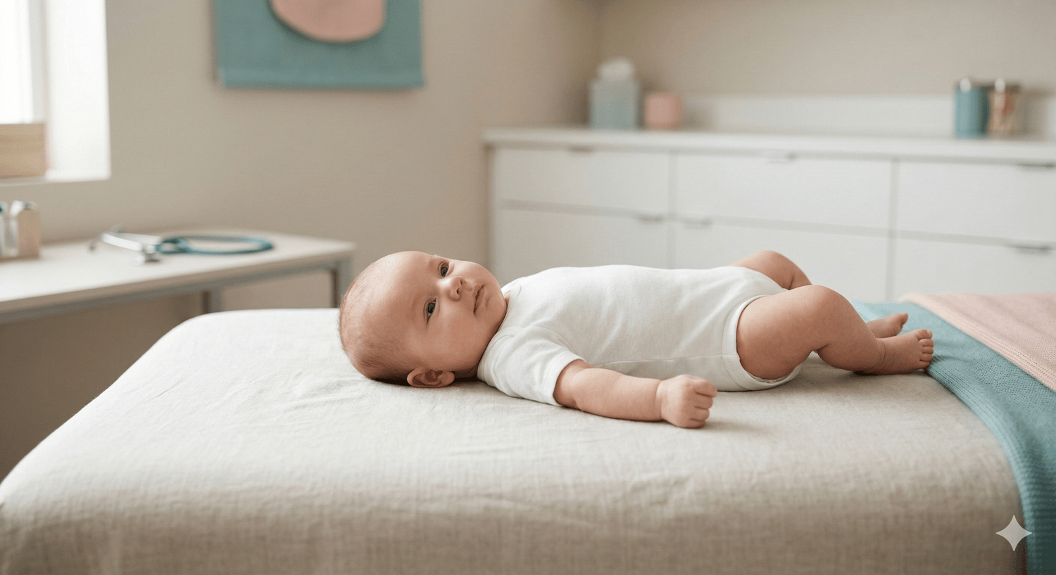 Infant resting in a pediatric clinic setting while a parent watches breathing pattern.