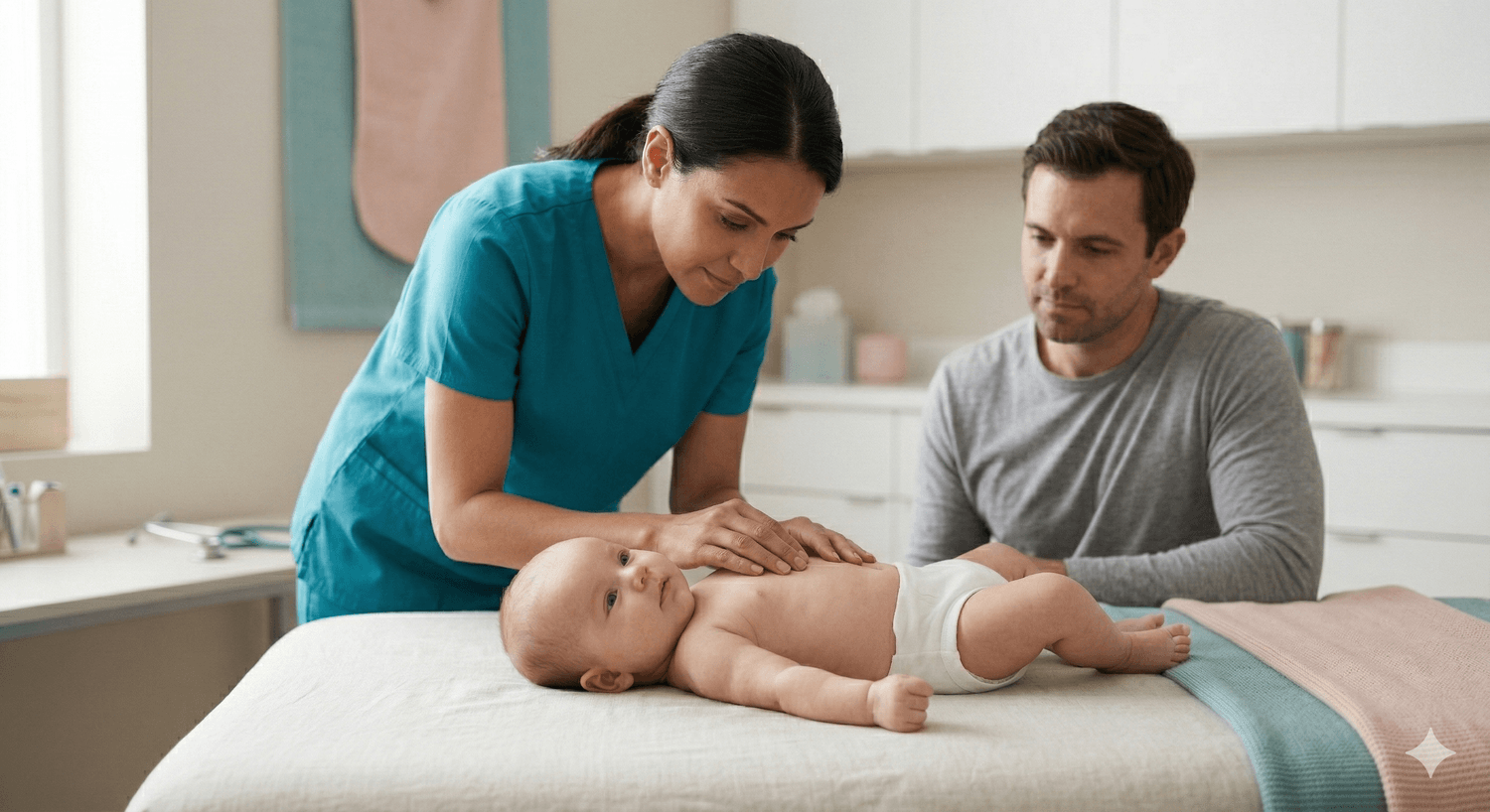 Pediatrician assessing an infant’s breathing in a modern clinic exam room.