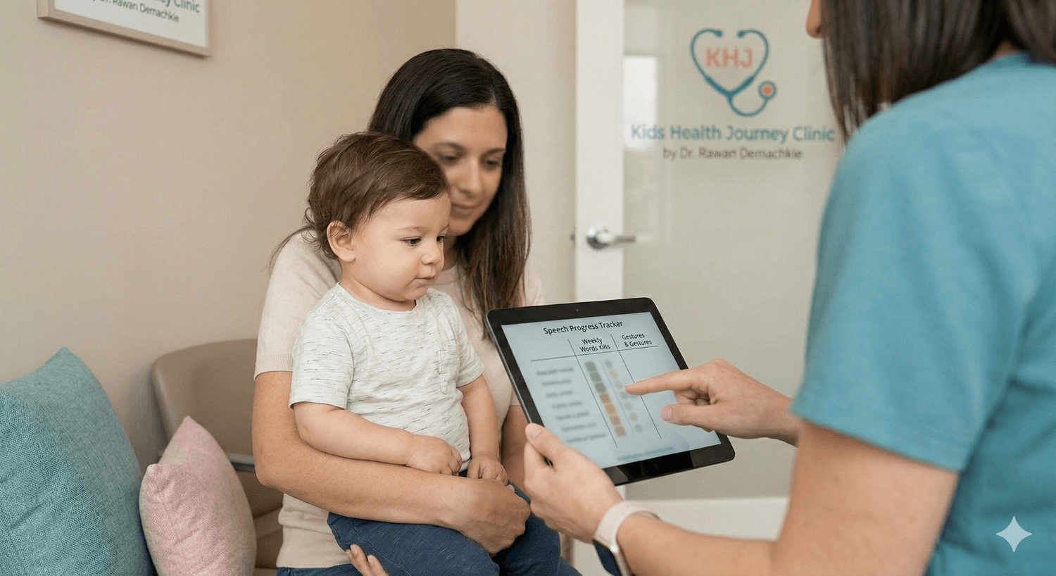 Pediatrician in a modern pediatric clinic in Lebanon guiding a parent about toddler speech milestones