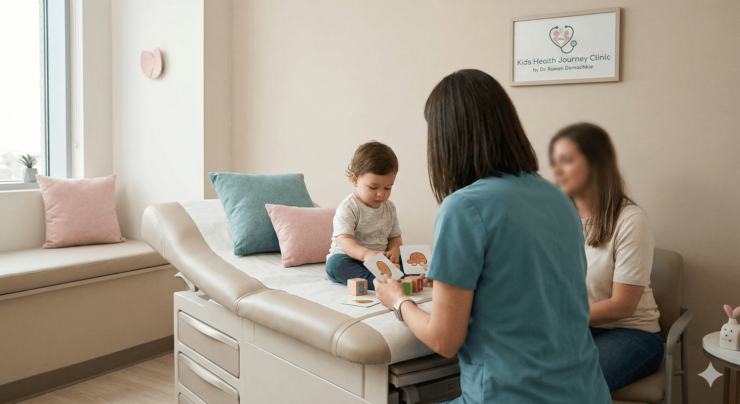 Toddler playing with a parent in a pediatric clinic while a pediatrician observes communication and interaction