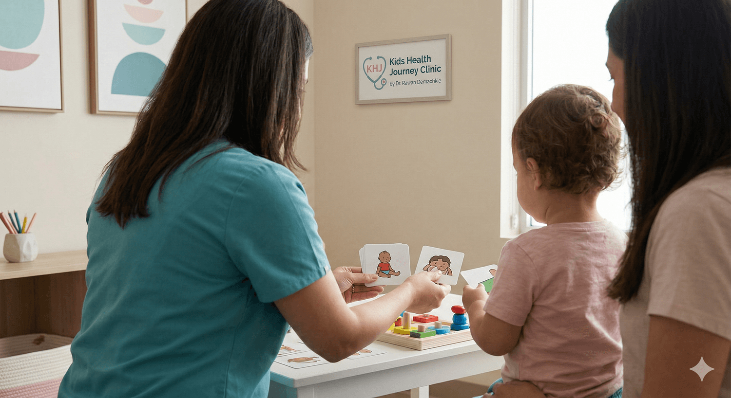 Pediatric assessment in a Kids Health Journey Clinic exam room with doctor face not visible.