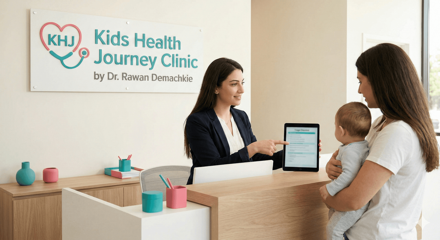 Reception assistant completing triage with a parent and baby at Kids Health Journey Clinic by Dr. Rawan Demachkie