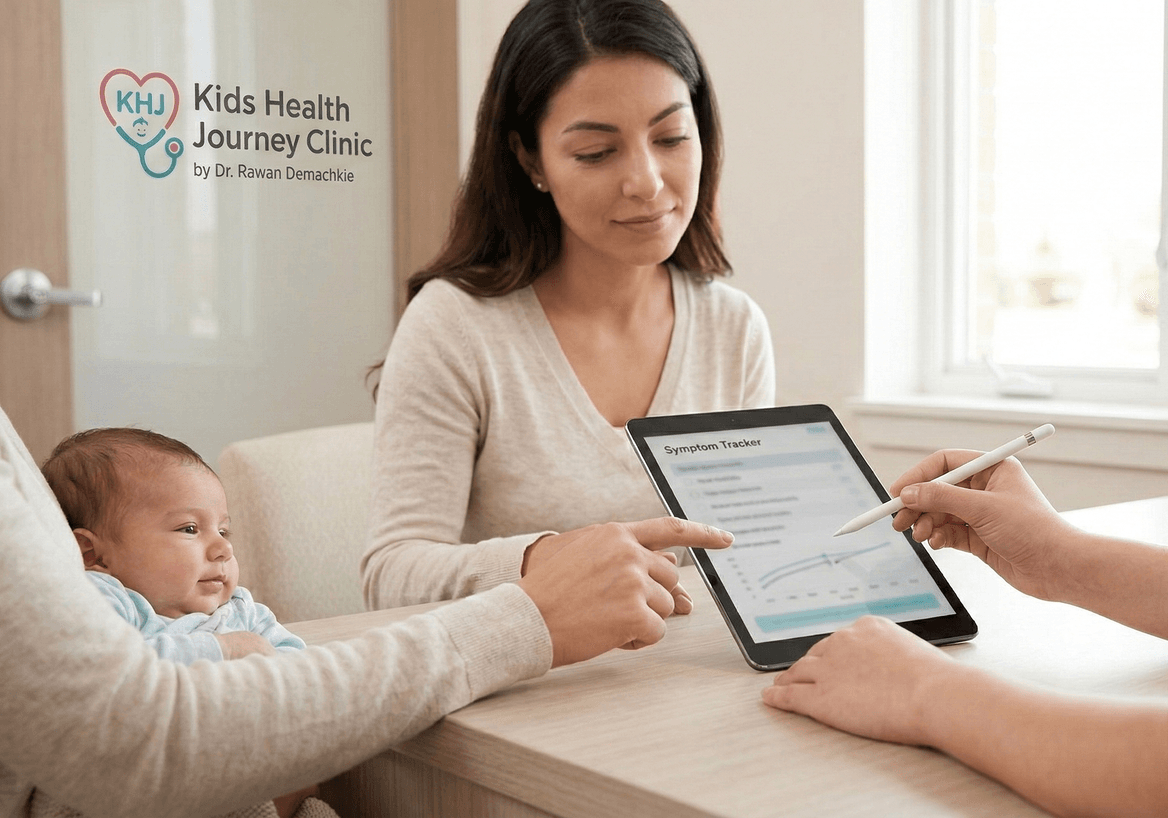 Parent reviewing a symptom tracker on a tablet with pediatrician hands visible and doctor face not visible.