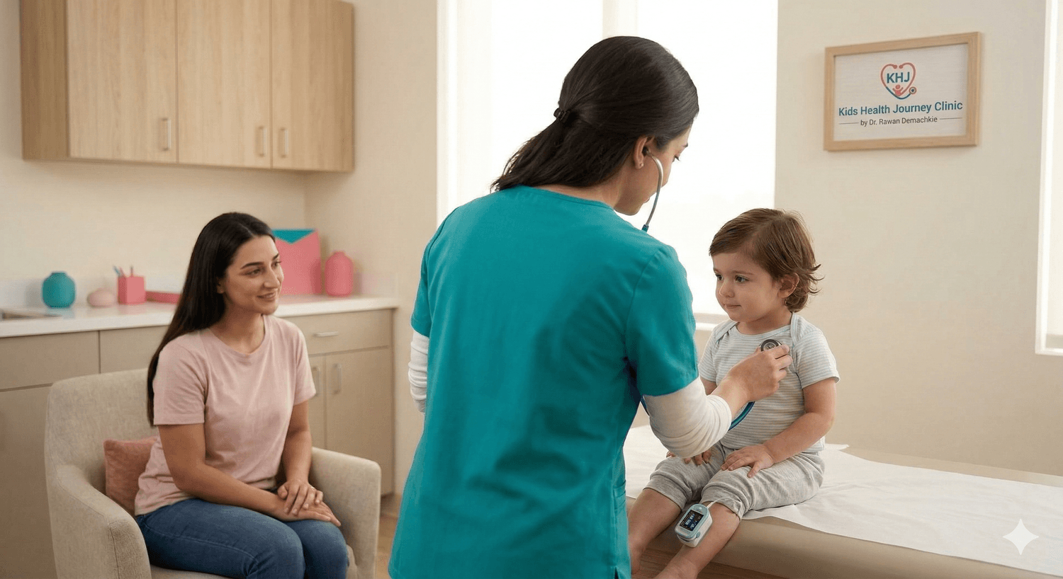 Reception assistant completing triage with a parent and baby at Kids Health Journey Clinic by Dr. Rawan Demachkie.