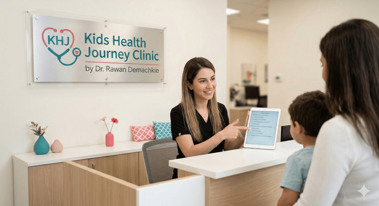 Reception assistant completing triage with a parent and child at Kids Health Journey Clinic by Dr. Rawan Demachkie.