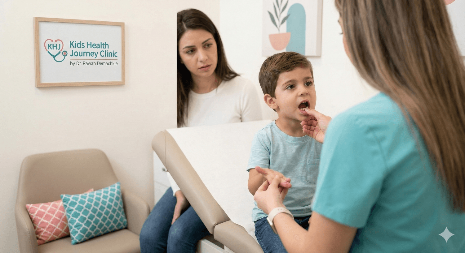 Pediatric assessment of a child with vomiting and diarrhea in Kids Health Journey Clinic with doctor face not visible.