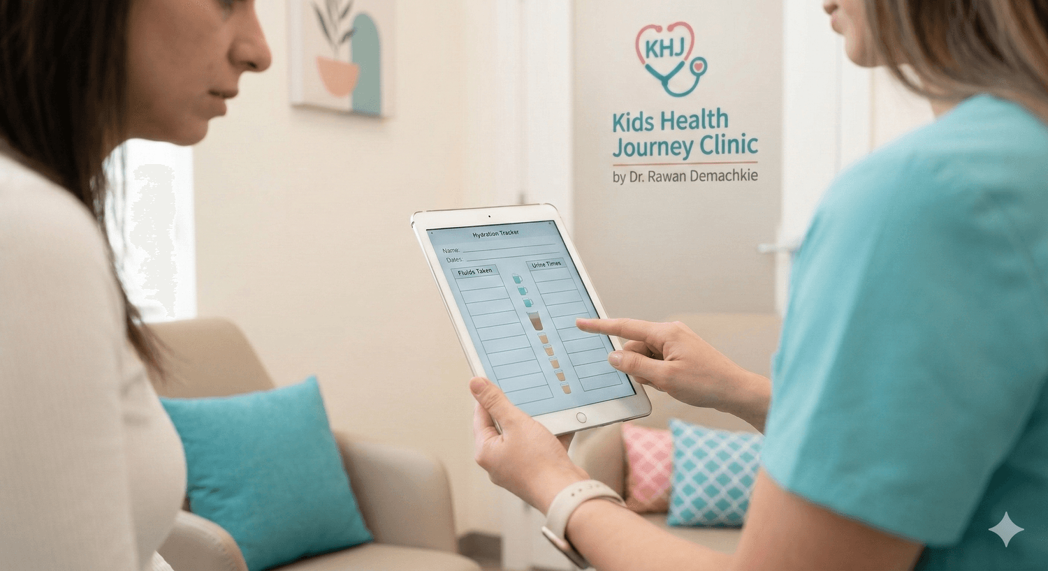 Parent reviewing a hydration and symptom tracker on a tablet with pediatrician hands visible and doctor face not visible at Kids Health Journey Clinic by Dr. Rawan Demachkie.