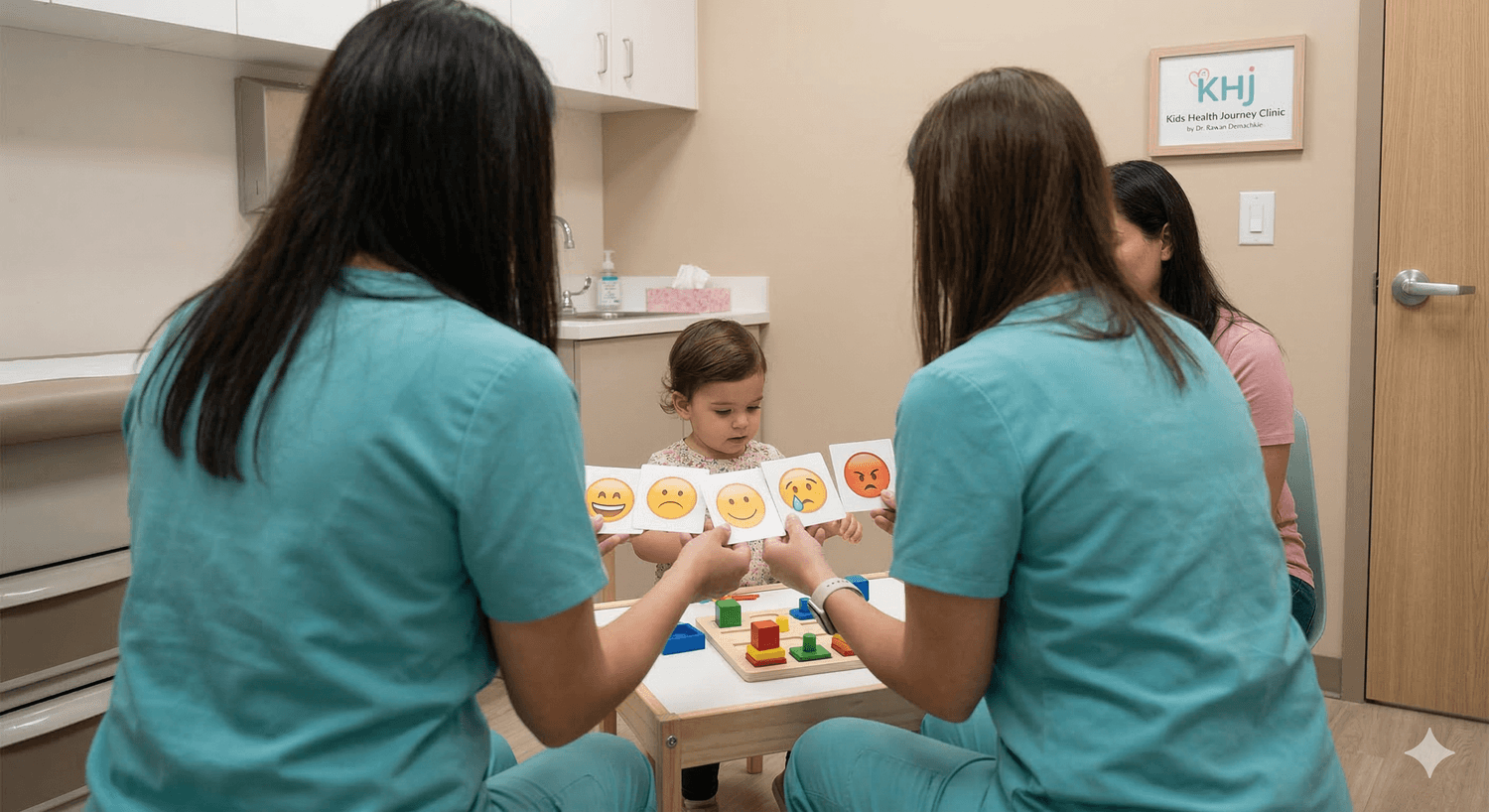 Reception assistant completing triage with a parent and baby at Kids Health Journey Clinic by Dr. Rawan Demachkie