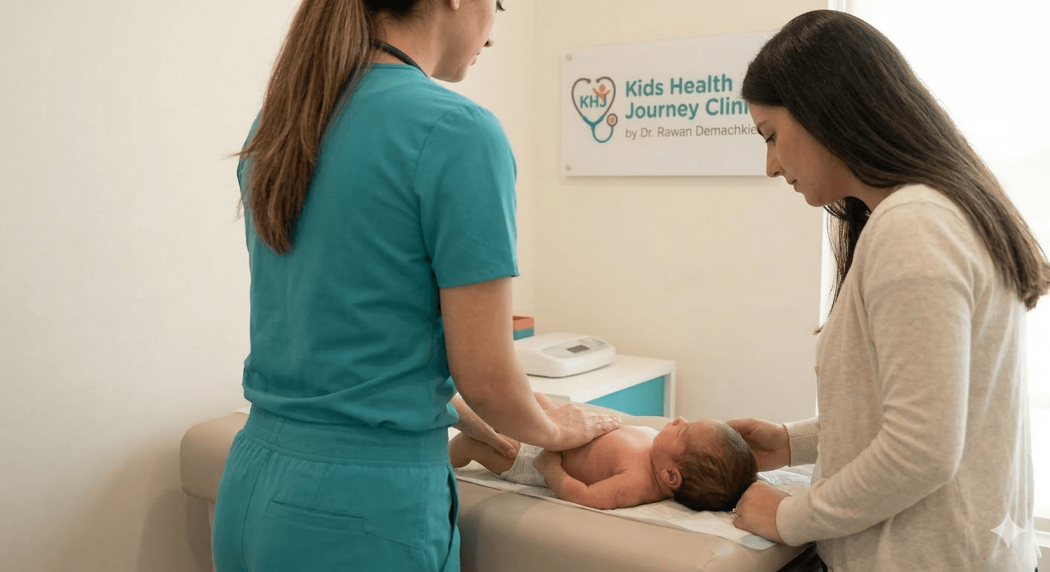 Parent reviewing a newborn feeding and symptom tracker with pediatrician hands visible and doctor face not visible at Kids Health Journey Clinic by Dr. Rawan Demachkie.