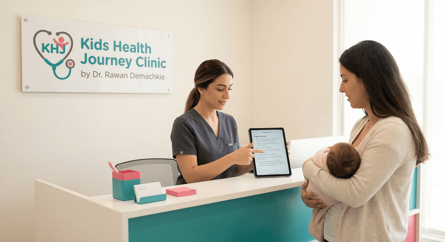 Reception assistant completing triage with a parent and newborn at Kids Health Journey Clinic by Dr. Rawan Demachkie.