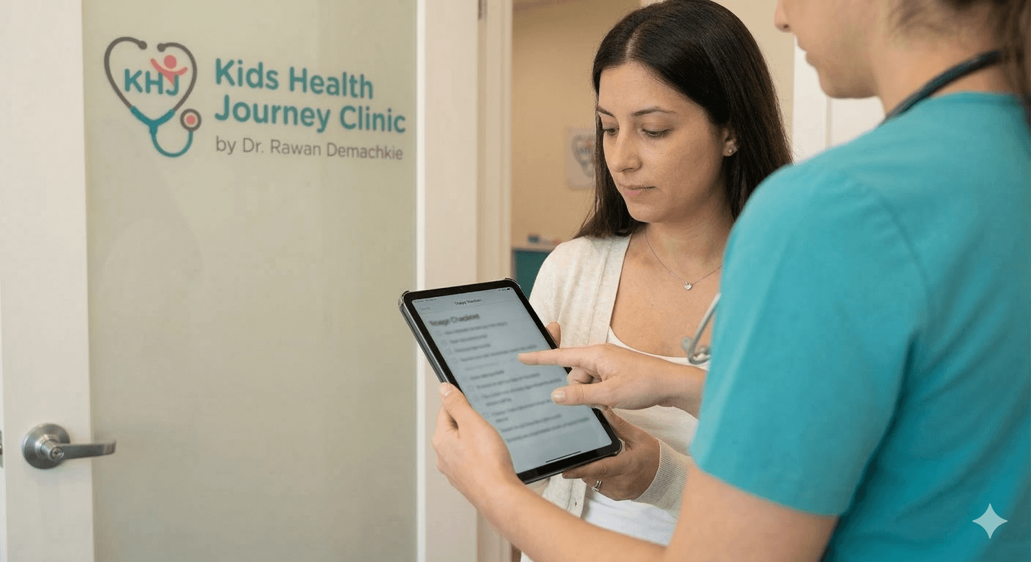 Pediatric assessment of a newborn in Kids Health Journey Clinic with doctor face not visible.
