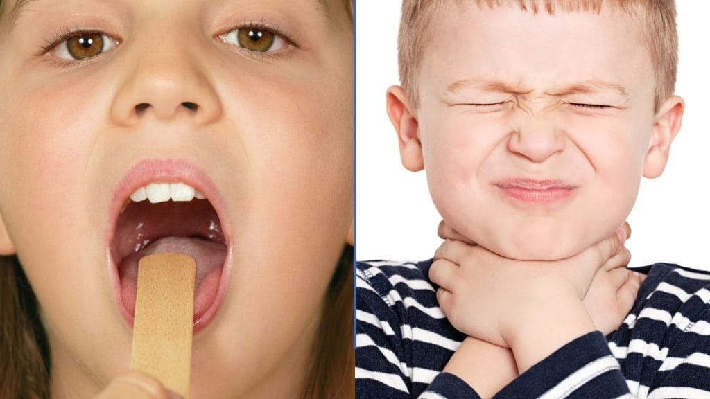 Pediatric sore throat assessment of a child in Kids Health Journey Clinic with doctor face not visible.