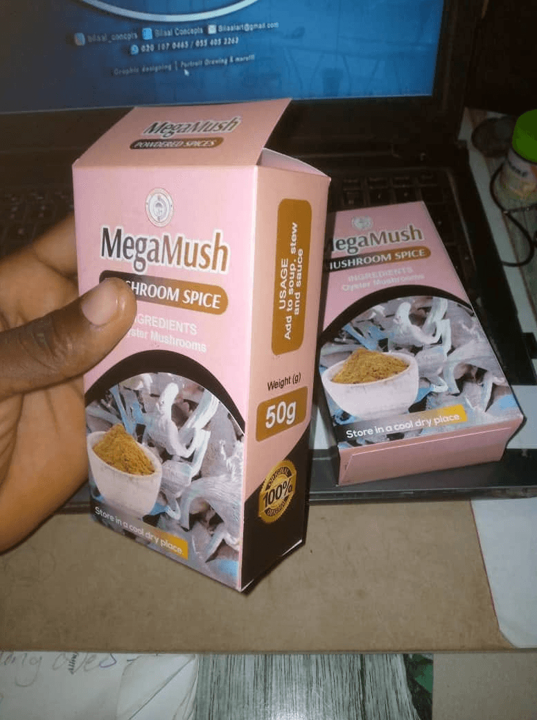MugaMush spices in branded packaging