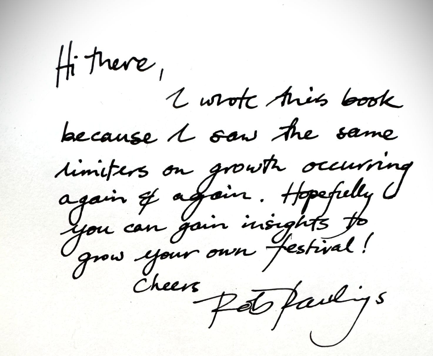 Handwritten note from author: Hi there I wrote this book because I saw the same limiters on growth occurring again and again. Cheers Rob Raulings