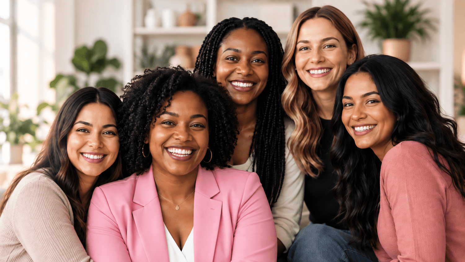 A diverse group of women smiling together