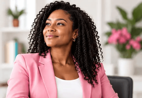 Woman in a pink blazer representing All Things Her programs
