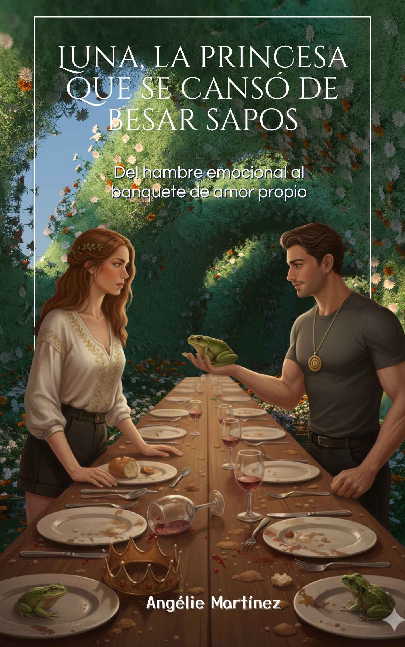 Portada del libro Luna, la princesa que se cansó de besar sapos de Angélie Martínez. Muestra a una princesa y un príncipe frente a frente en una mesa de banquete casi vacía, mientras él sostiene un sapo y se lo ofrece, en alusión al cuento de la princesa y el sapo, para trascenderlo y aprender que la transformación no parte de cambiar al otro sino de empezar a aceptarse a uno mismo y cultivar el amor propio.