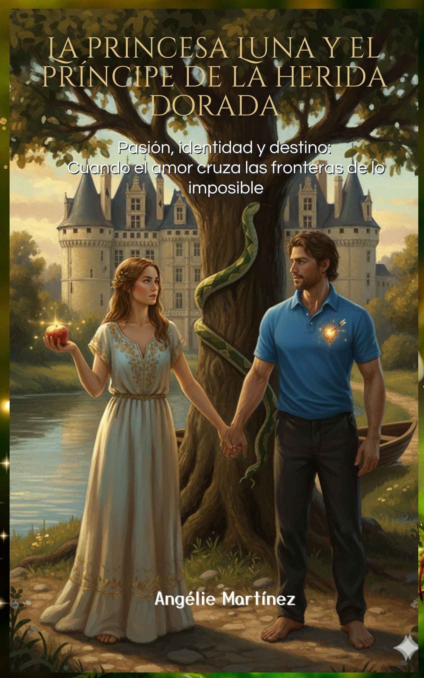 Portada del libro La princesa Luna y el príncipe de la herida dorada de Angélie Martínez. Muestra a la princesa con una manzana en la mano y al príncipe con una herida dorada en su corazón, atravesado por una pequeña flecha, de pie frente a un castillo rodeado de naturaleza. Detrás de ellos hay un árbol rodeado por una serpiente, en alusión al mito de Adán y Eva, es una invitación a volver al origen de uno mismo, reconocer nuestras heridas y a partir de esta aceptación, empezar a transformarlas.