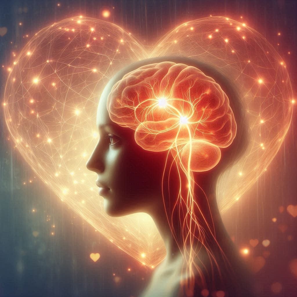 Representación de los procesos químicos del enamoramiento dopamina, oxitocina y apego en el cerebro humano.