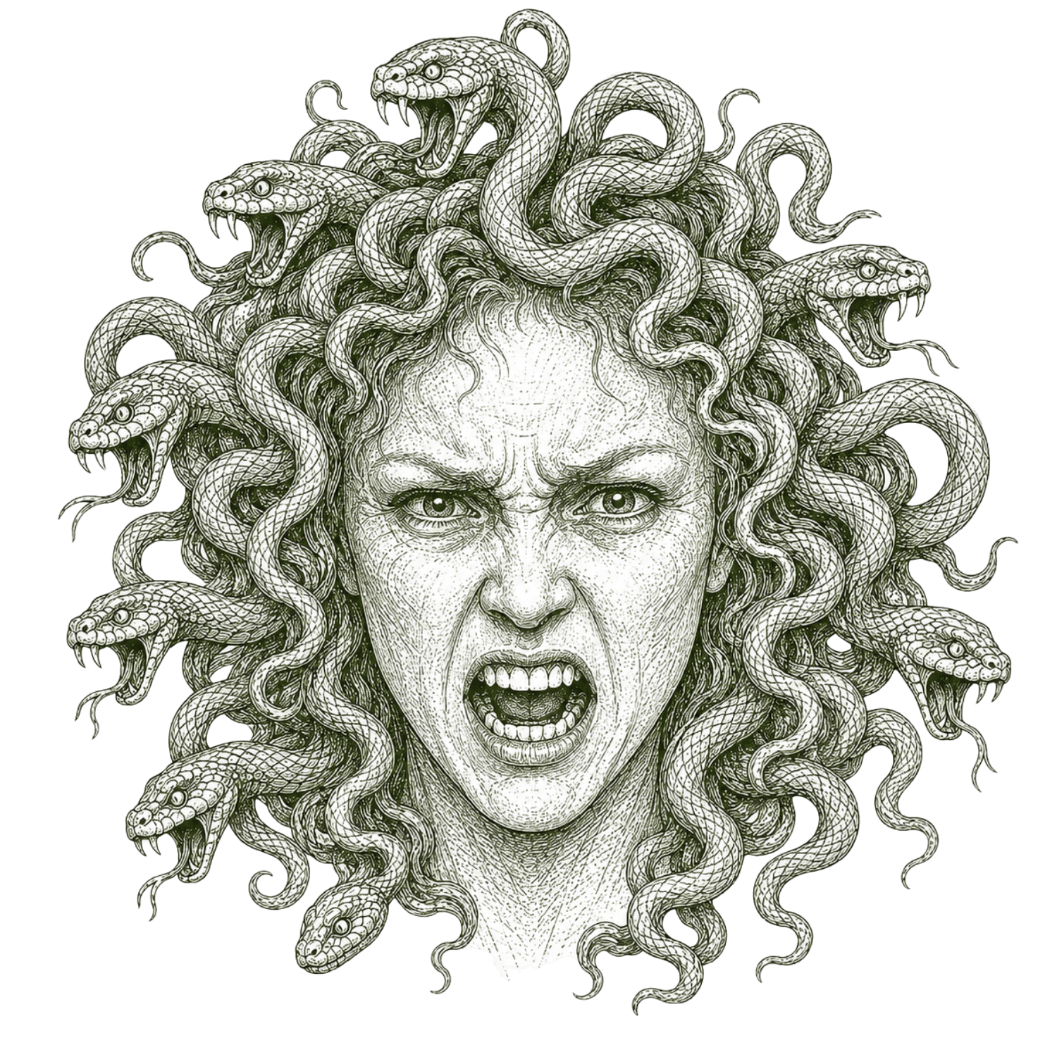 être humain, femme, serpents sortant du crâne