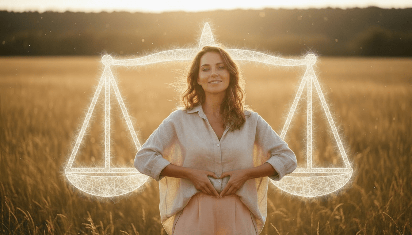 Image d'une femme souriante les mains en cœur sur son ventre, une balance en arrière plan symbolise l'équilibre retrouvé