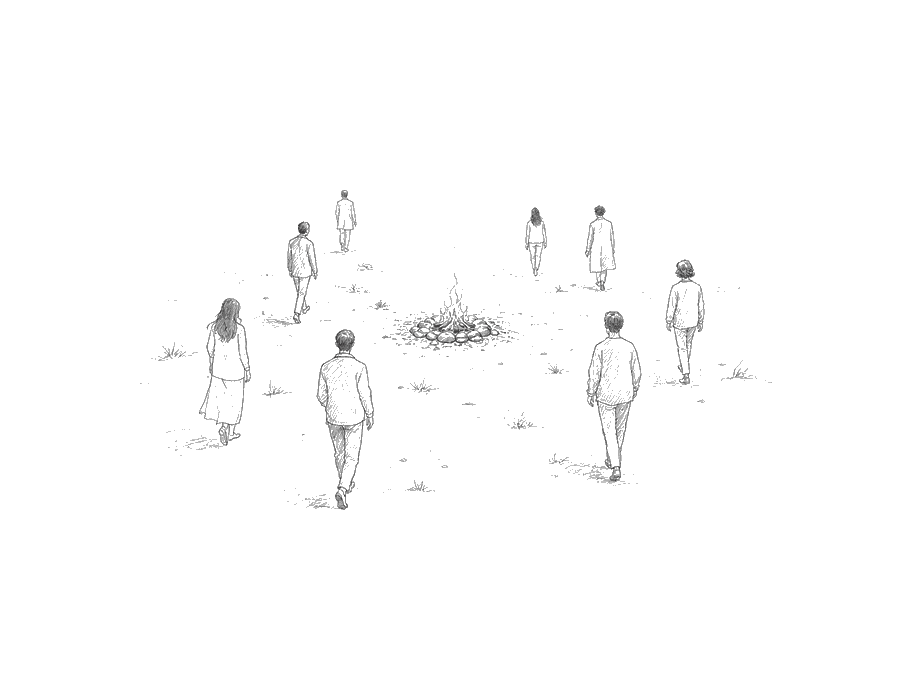 Illustration au crayon : un cercle de personnes autour d'un feu