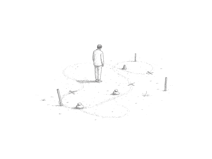 Illustration au crayon : un chemin qui serpente entre les collines