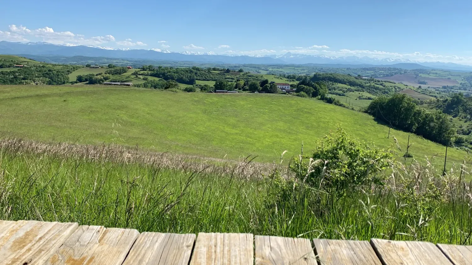 Les coteaux de l'Ariège vus depuis l'écovillage de Pourgues, avec la chaîne des Pyrénées à l'horizon