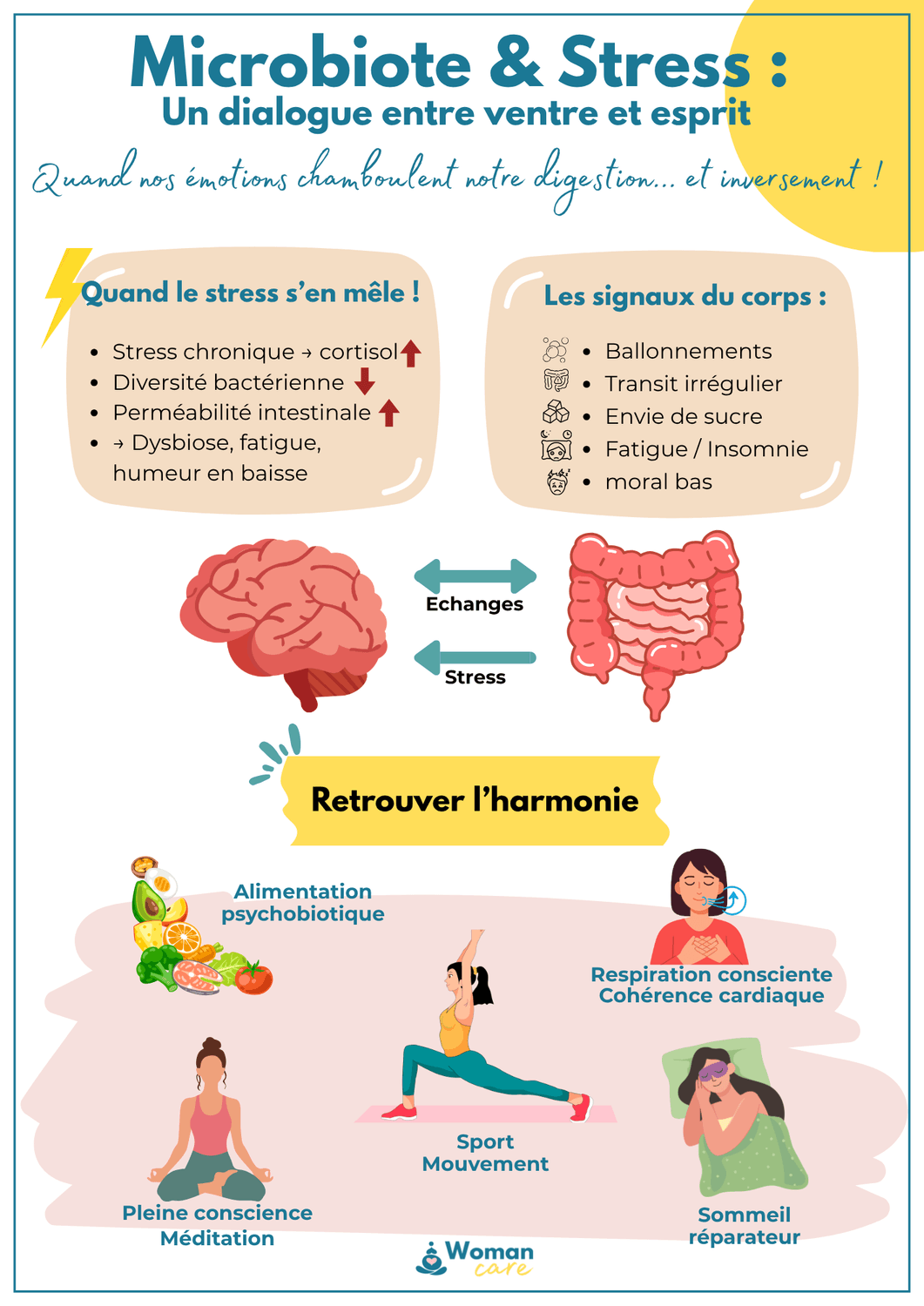 Infographie sur le lien entre stress et microbiote intestinal : axe cerveau-intestin, symptômes et solutions naturelles pour retrouver l’harmonie