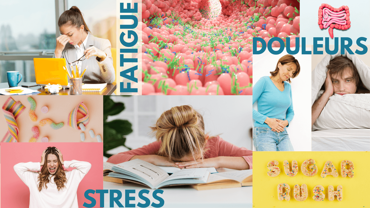 Montage illustrant les effets du stress sur le microbiote : fatigue, douleurs digestives, envie de sucre et troubles du sommeil