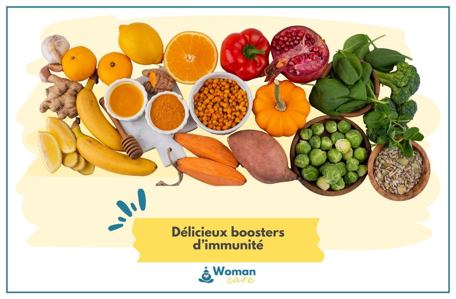 Infographie d’aliments boosters d’immunité en hiver : agrumes, gingembre, curcuma, poivron, brocoli, épinards, choux, patate douce, graines et miel – sources naturelles de vitamine C et d’antioxydants.