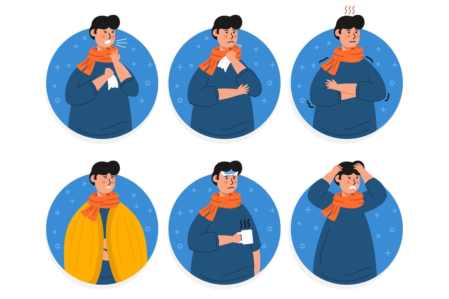Série de 6 illustrations représentant les symptômes hivernaux courants : toux, fièvre, frissons, fatigue, rhume et malaise. Image utilisée pour illustrer les virus de saison et l’impact du froid sur l’organisme.