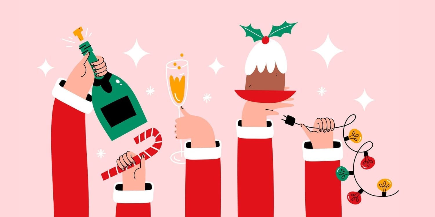 Illustration des excès des repas de fête à Noël et de leur impact sur la digestion