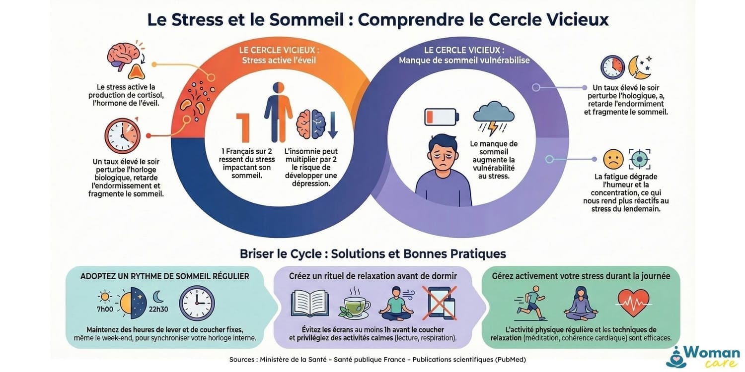 Infographie expliquant le lien entre stress et sommeil, le cercle vicieux du cortisol, les troubles du sommeil et les solutions naturelles pour apaiser les nuits