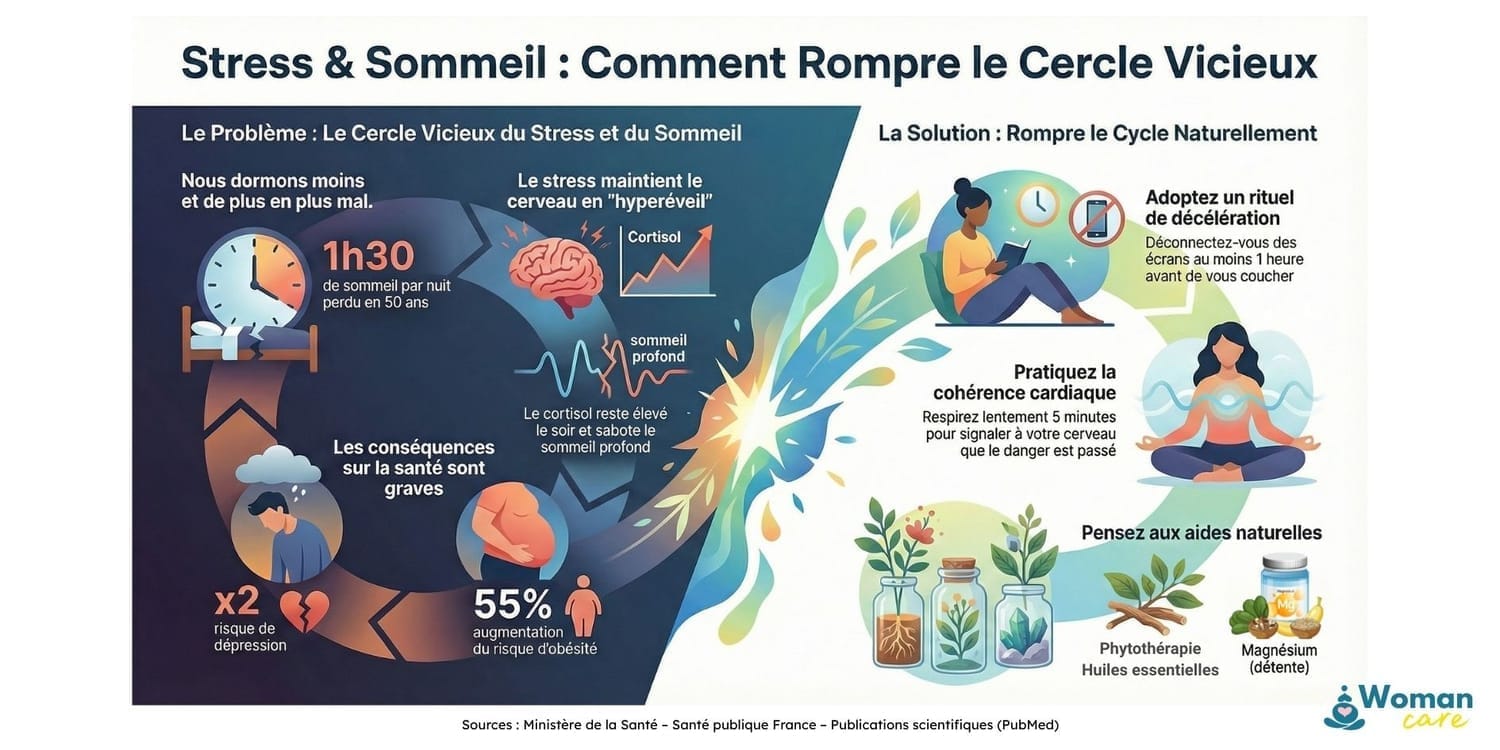 Infographie montrant le lien entre stress et sommeil, le cercle vicieux du manque de sommeil et les solutions naturelles pour rompre ce cycle