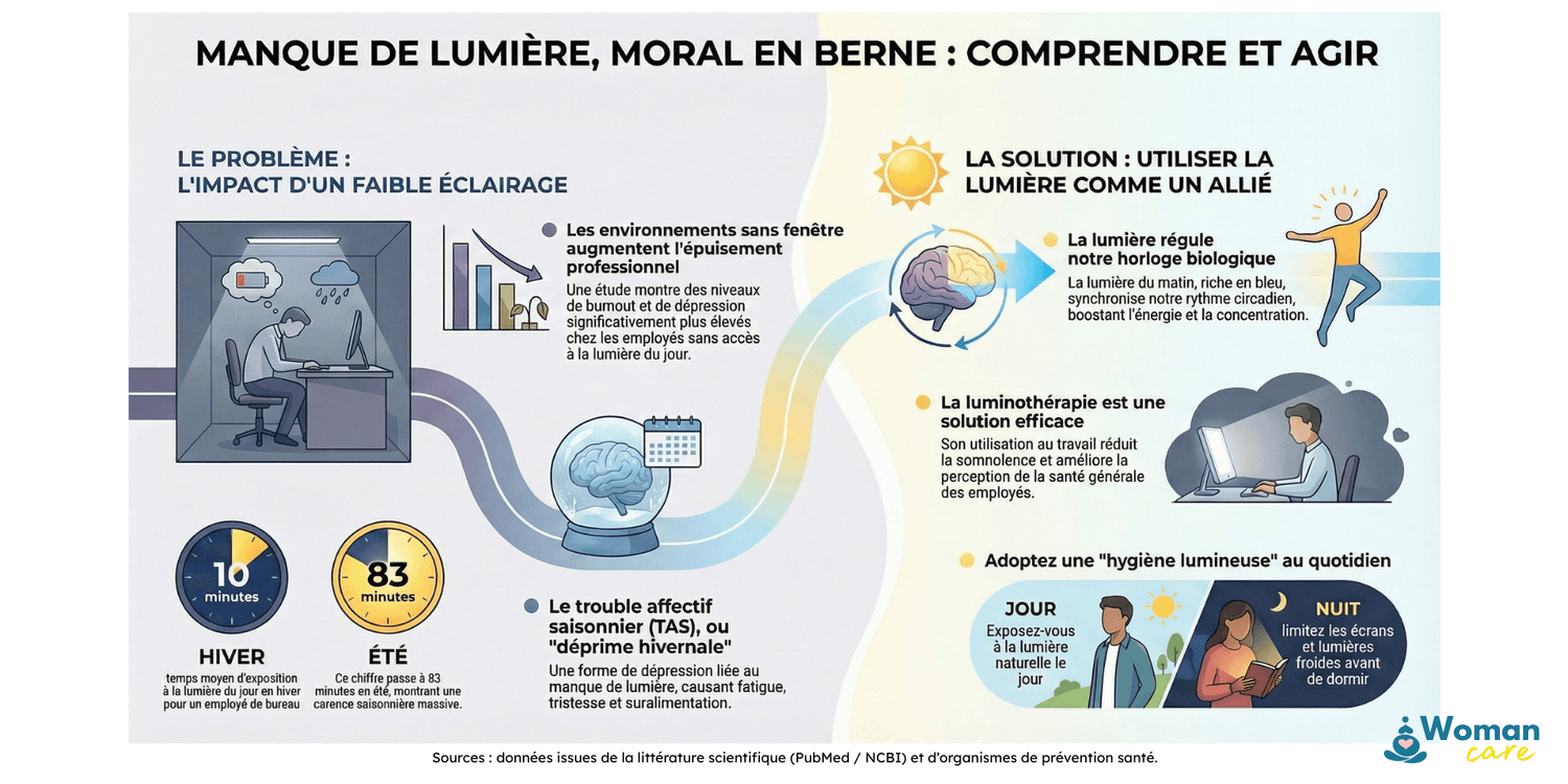 Infographie sur l’impact du manque de lumière en hiver sur le moral, la santé et la performance au travail