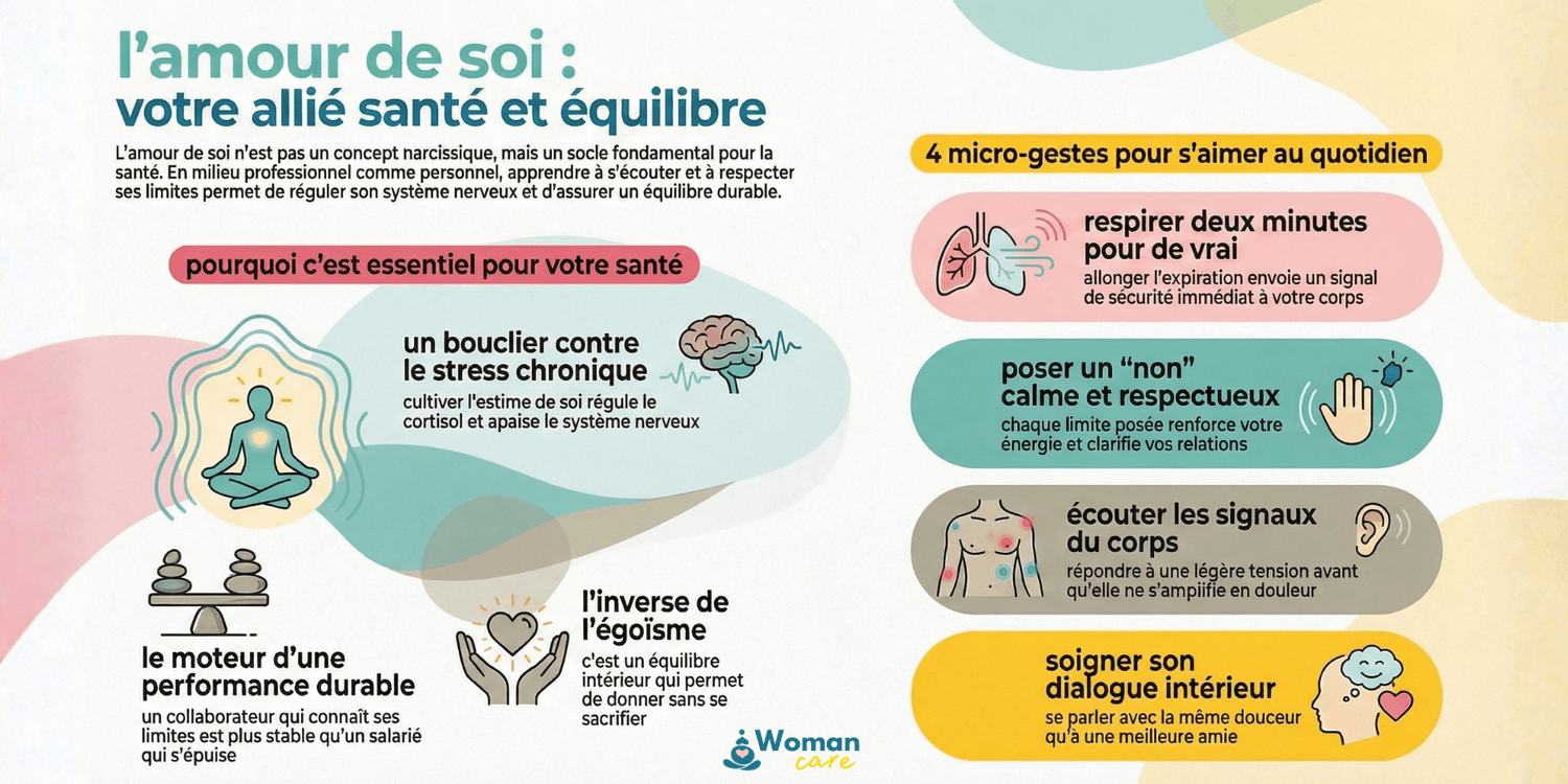 Infographie WomanCare sur l’amour de soi comme allié santé et équilibre : prévention du stress chronique, régulation du système nerveux et micro-gestes quotidiens pour s’aimer.