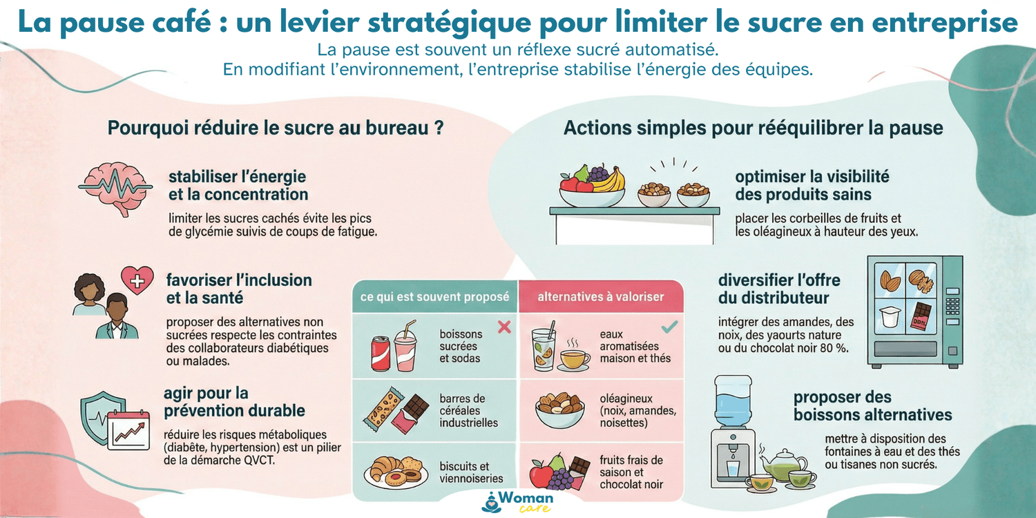Infographie sur la pause café en entreprise expliquant comment les RH peuvent réduire les sucres cachés et favoriser une énergie stable grâce à des alternatives plus saines.
